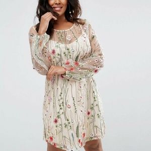 Embroidered mesh shift dress in Nude